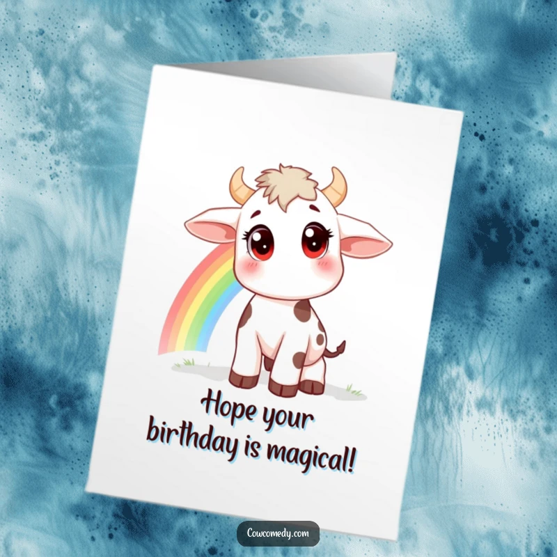 Funny Free Printable Birthday Card: Small cow with big eyes, looking up at a vibrant rainbow, perfect for a magical birthday.