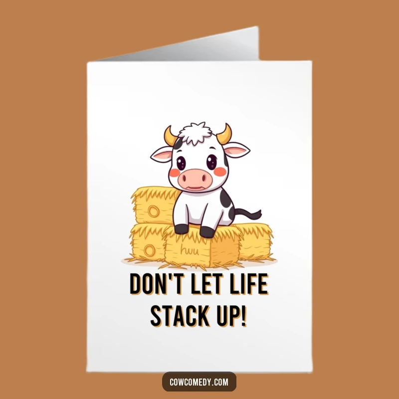 Free Printable Birthday Card: Determined Cow Balancing Hay, Funny Downloadable Gift for Go-Getters
