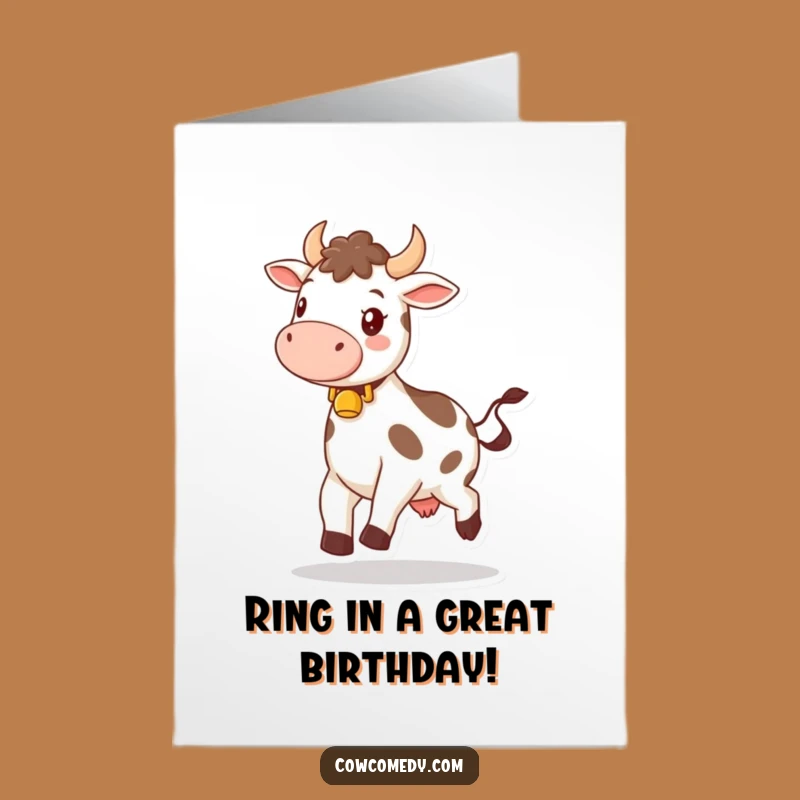 Free Printable Birthday Card: Happy Cow Skipping with Bell!