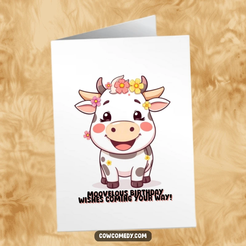 Funny Free Printable Birthday Card: Happy cow with a wide smile, flowers in fur, wishing you a great day.