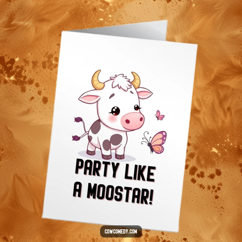 Funny Free Printable Birthday Card showing a cow wiggling its tail joyfully near a butterfly, perfect for laughs.
