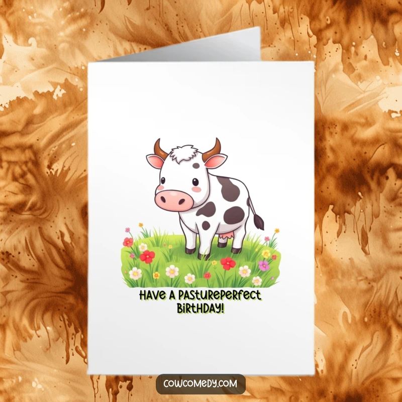 Funny Free Printable Birthday Card: A contented cow grazing peacefully in a colorful, vibrant meadow, spreading joy.