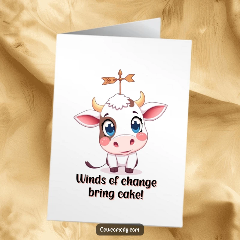 Funny Free Printable Birthday Card: Kawaii cow with huge curious eyes gazing intently at a spinning weather vane.