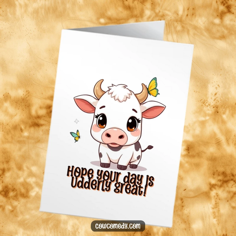 Funny Free Printable Kawaii Cow Birthday Card, wide curious eyes, watching a fluttering butterfly, perfect for a whimsical celebration.