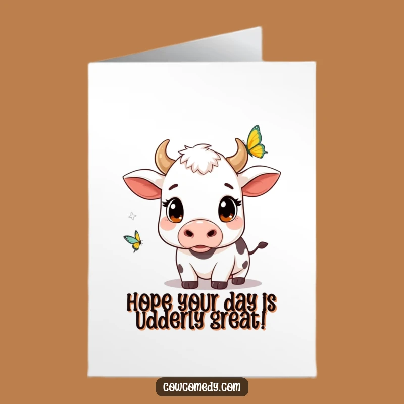 Free Printable Kawaii Cow Birthday Card: Curious Butterfly Watcher Funny Gift