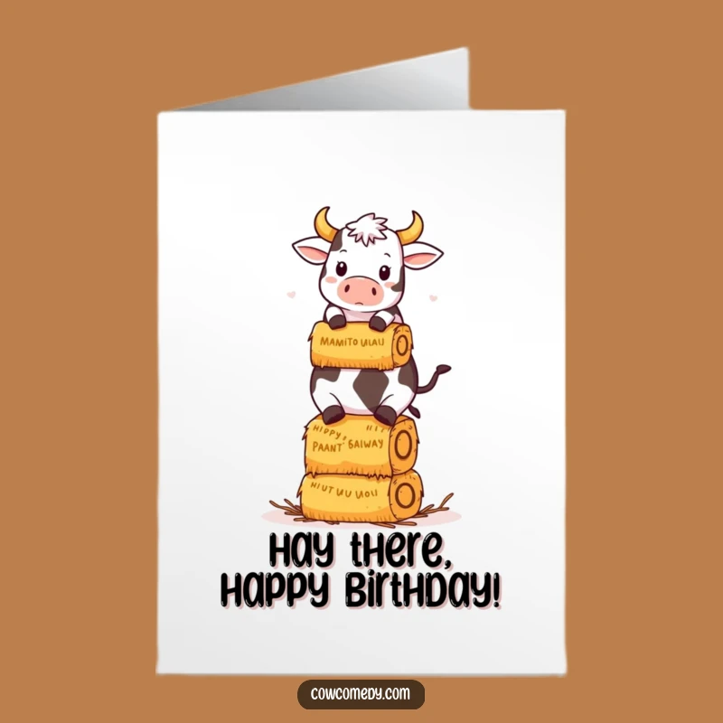 Free Printable Kawaii Cow Birthday Card: Funny Hay Bale Cow Downloadable Gift
