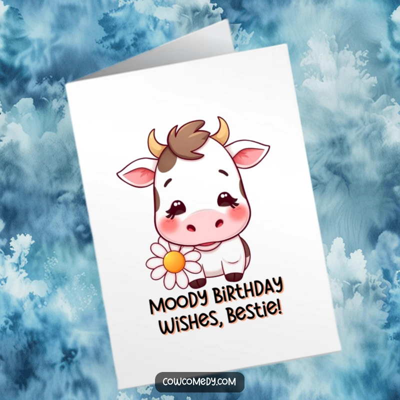 Funny Free Printable Kawaii Cow Birthday Card, smiling gently, happily chewing a large daisy, perfect for a joyful celebration.