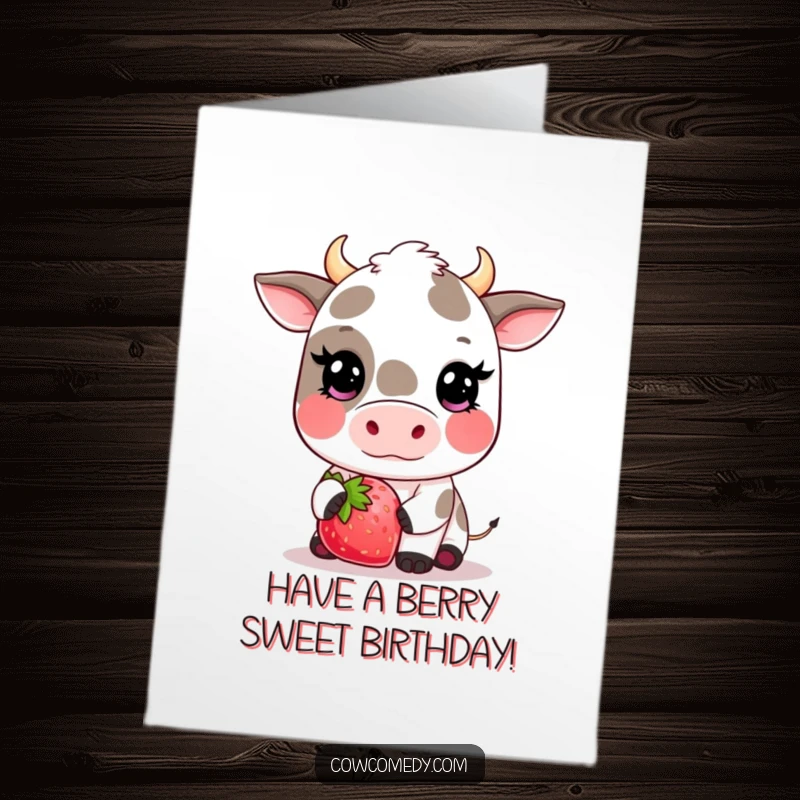 Funny Free Printable Birthday Card: Kawaii cow blushing deeply while offering a comically large strawberry.