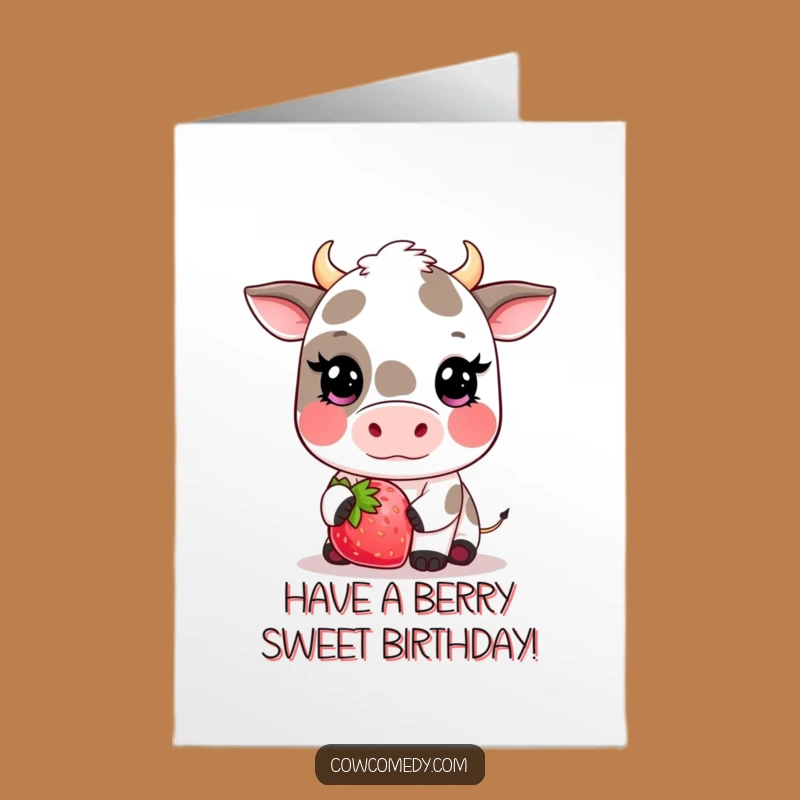 Free Printable Kawaii Cow Strawberry Birthday Card: Funny Gift Downloadable