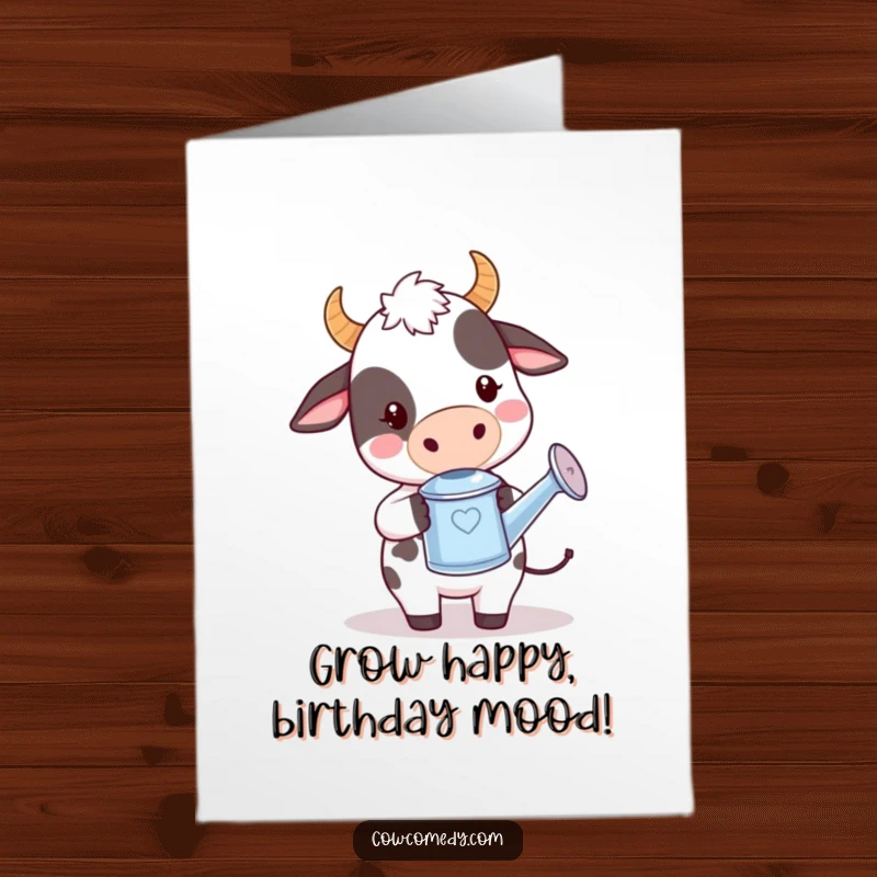 Funny Free Printable Birthday Card: Kawaii cow holding a tiny watering can, looking mischievously playful.
