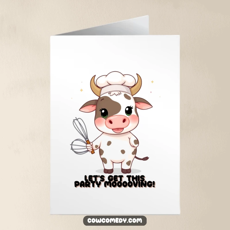Funny Free Printable Birthday Card: Silly cow chef with giant whisk and tiny hat, ready for a baking celebration.