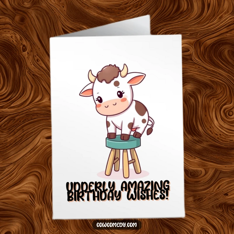 Funny Free Printable Birthday Card featuring a tiny cow struggling to balance on a small stool, looking determined.
