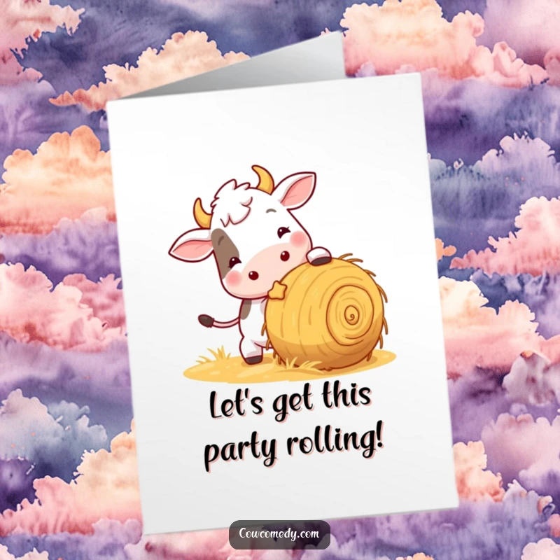 Funny Free Printable Birthday Card: A playful cow nudging a large ball of hay, full of energy and fun.