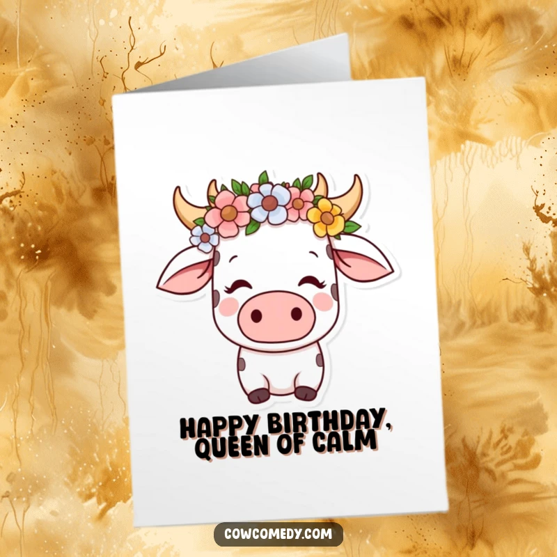 Funny Free Printable Kawaii Cow Birthday Card, wearing a flower crown, looking serene and content, perfect for a calm birthday.