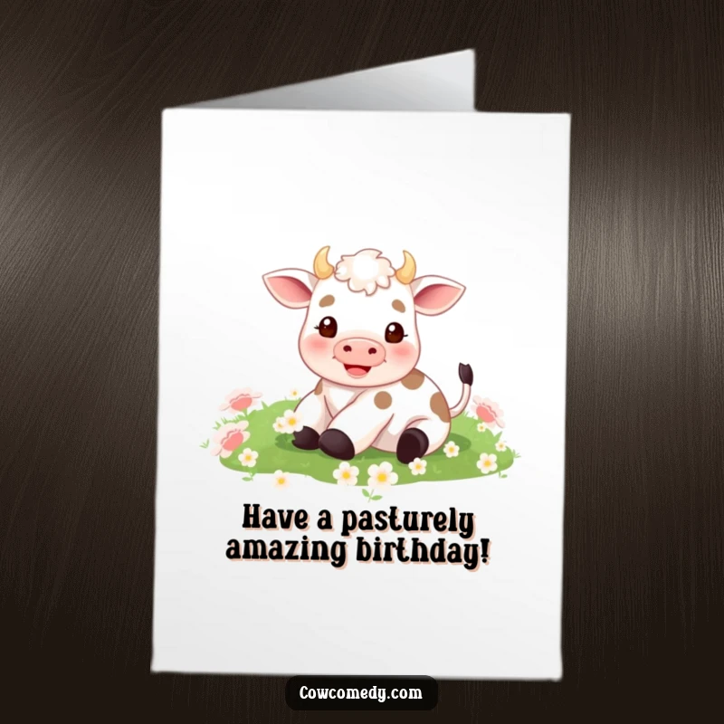 Funny Free Printable Birthday Card: A tiny happy cow joyfully rolling in a field of soft green clover.