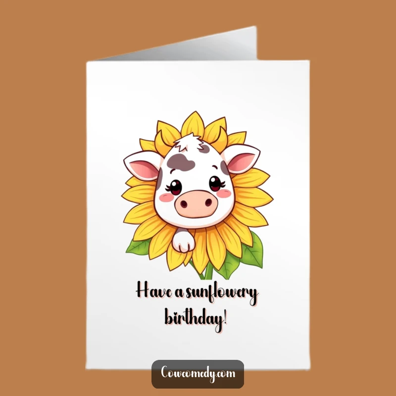 Free Printable Birthday Card: Shy Kawaii Cow Sunflower Surprise