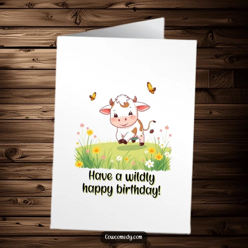 Funny Free Printable Birthday Card: Playful cow joyfully chasing a butterfly through a sunny meadow.