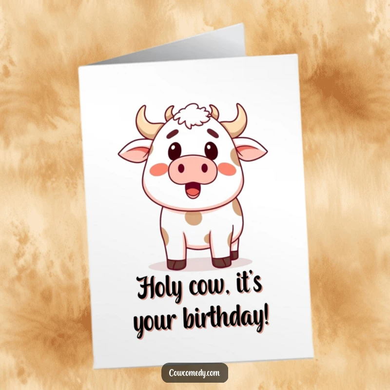 Funny Free Printable Birthday Card: A surprised cow with its mouth wide open, letting out a loud moo.