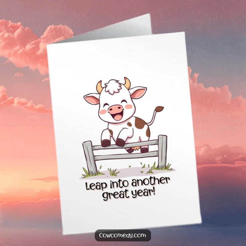 Funny Free Printable Birthday Card: Exuberant cow mid-leap over a fence, with a big 'moo', perfect for a lively birthday.