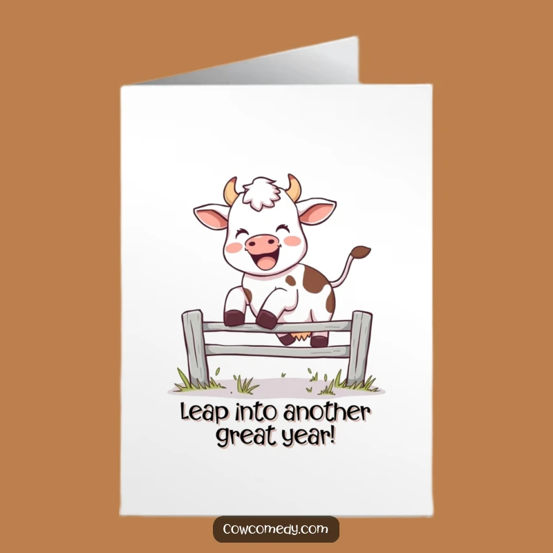 Free Printable Birthday Card: Joyful Cow's Birthday Leap - Funny Downloadable Gift