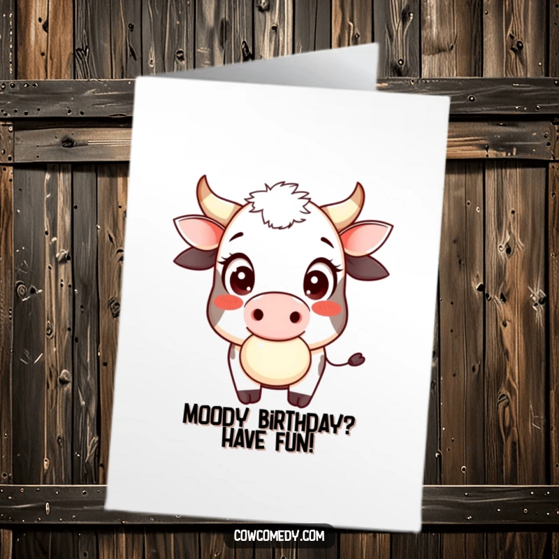 Funny Free Printable Birthday Card: A smiling cow with large, innocent eyes playfully chews cud, sharing gentle humor.