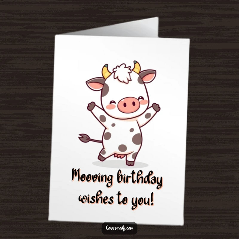 Funny Free Printable Happy Birthday card of a kawaii spotted cow doing a gentle, joyful dance, spreading birthday cheer.