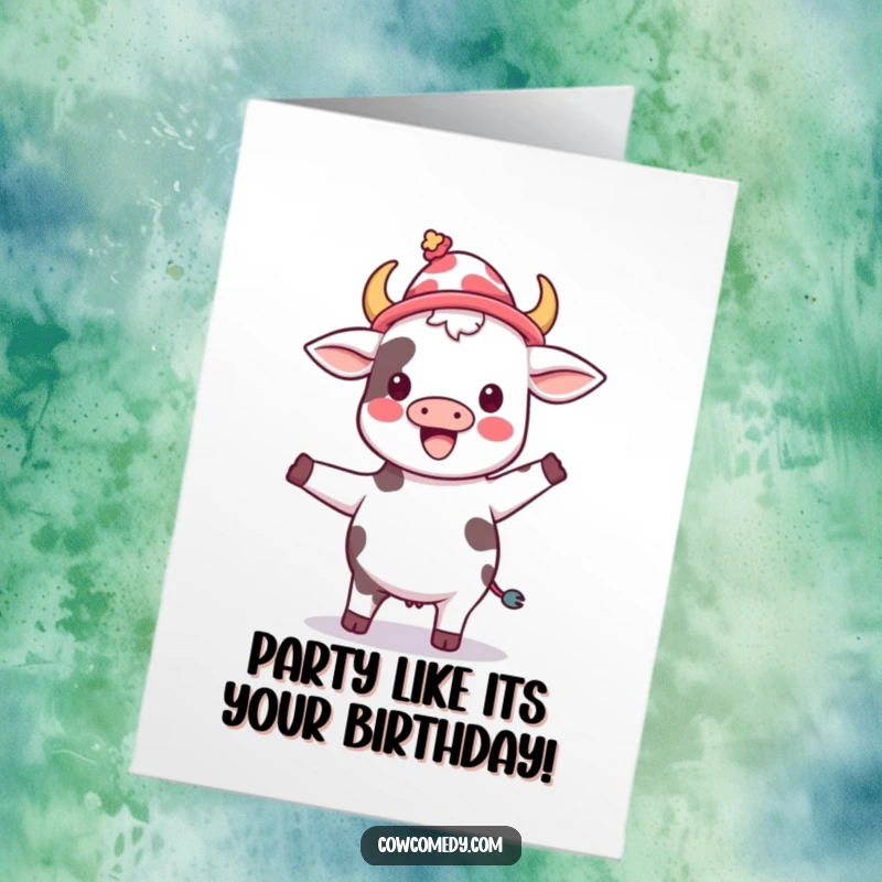 Funny Free Printable Birthday Card: Kawaii cow wearing a silly hat, joyfully dancing with abandon, spreading cheer.