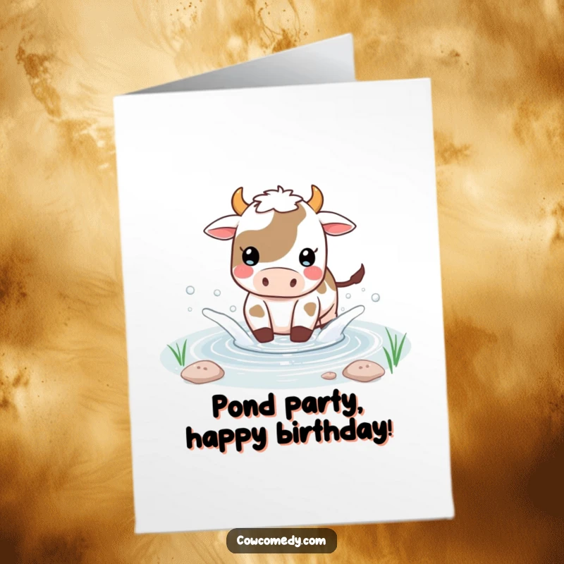 Funny Free Printable Birthday Card: Kawaii cow joyfully splashing water in a small pond during a playful birthday celebration.