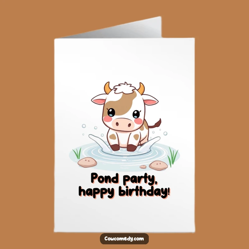 Free Printable Birthday Card: Playful Kawaii Cow Pond Splash Fun