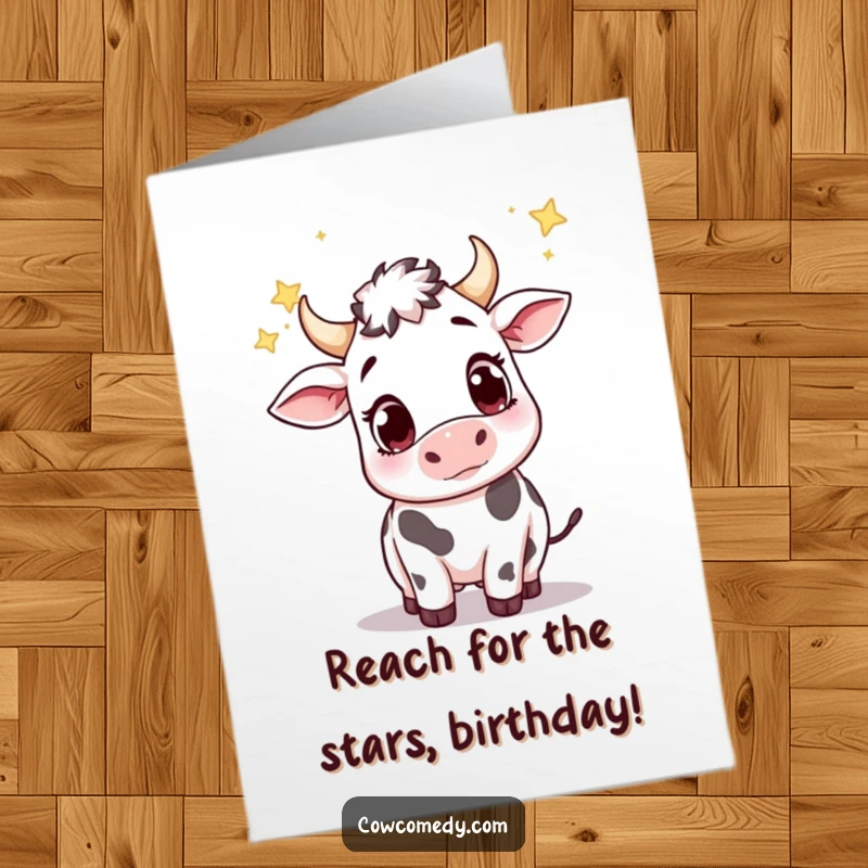 Funny free printable birthday card featuring a cute cow with wide, wondering eyes reaching for magical falling stars.