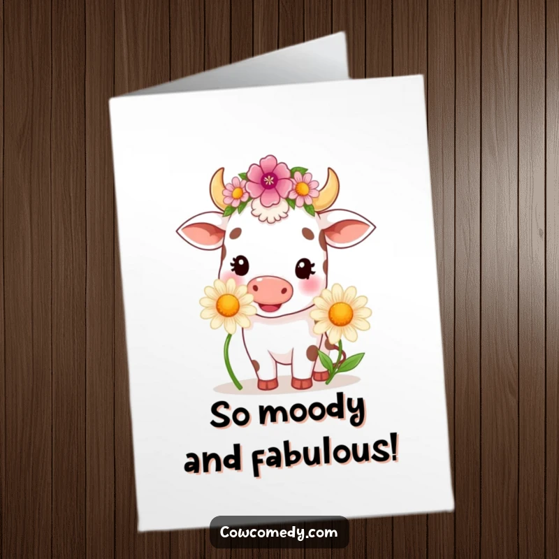 Funny Free Printable Birthday Card: Kawaii cow with flower crown happily chewing a giant daisy, bringing smiles.