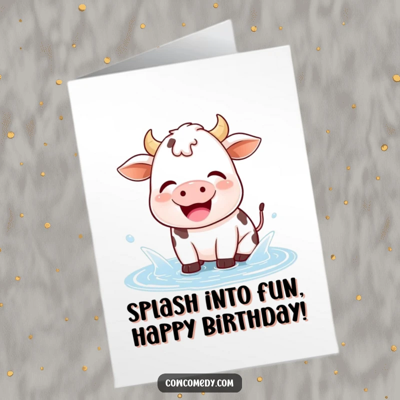 Funny Free Printable Kawaii Cow Birthday Card, joyfully splashing in a puddle, sighing happily, perfect for a fun birthday.