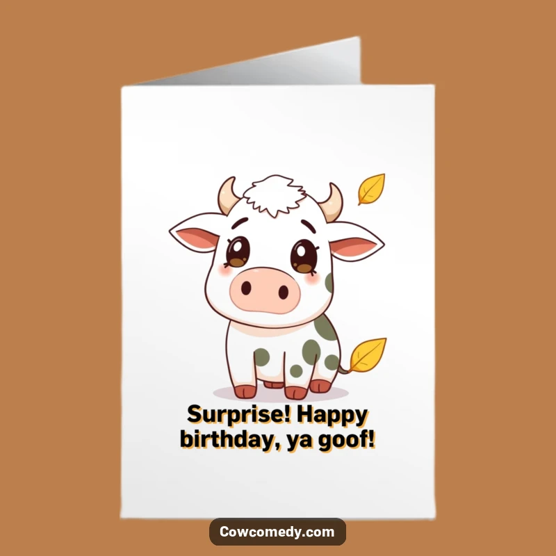 Free Printable Birthday Card: Surprised Cow & Leaf for a Moment of Wonder
