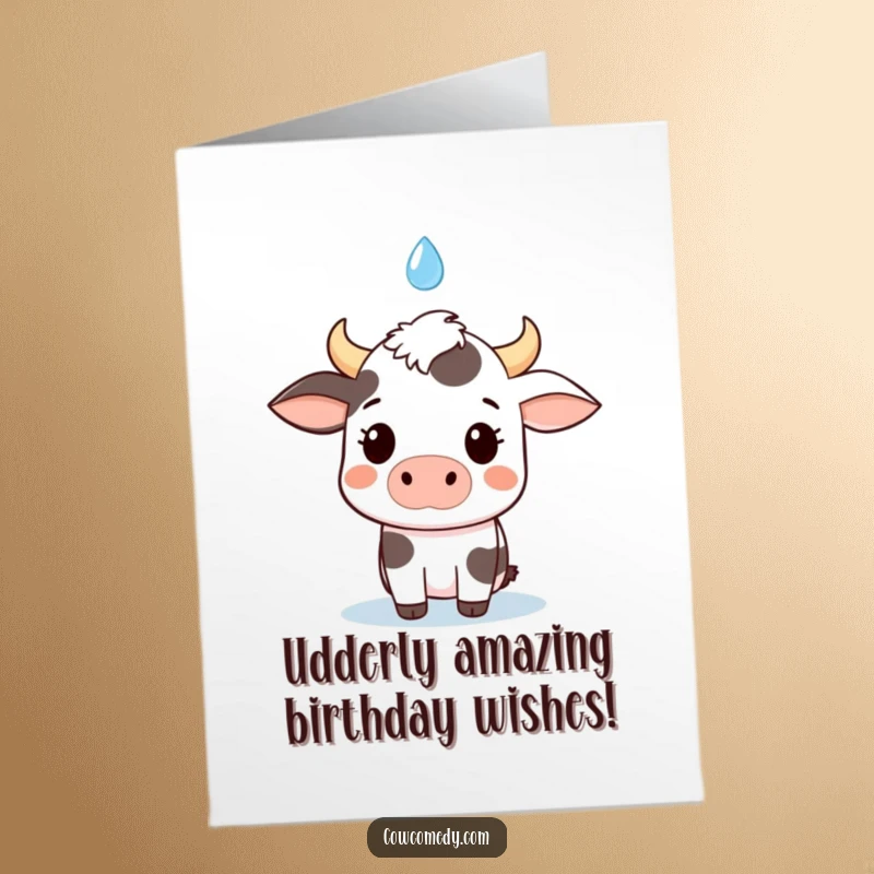 Funny Free Printable Birthday Card: Kawaii cow startled by a single falling raindrop, wide eyes, open mouth.