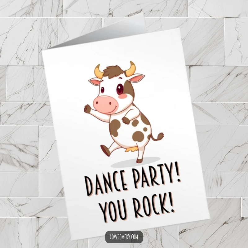 Funny Free Printable Congrats Card: Cheerful cow enthusiastically doing a jig with its hooves, humorous downloadable greeting.