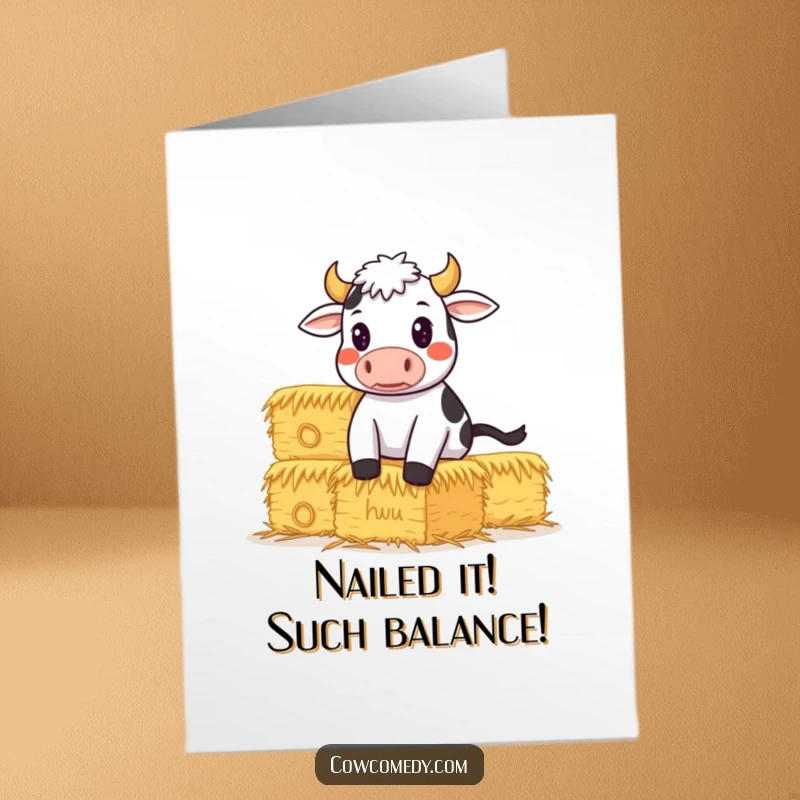 Funny Free Printable Congrats Card: Determined cow wobbling precariously with a huge stack of hay bales, humorous downloadable greeting.