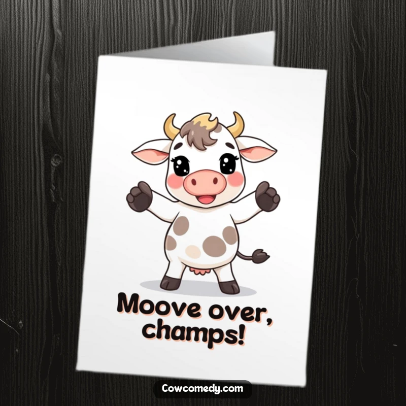 Funny Free Printable Congratulations Card: Kawaii cow performing a hilariously goofy dance move with its hooves, celebrating achievement.