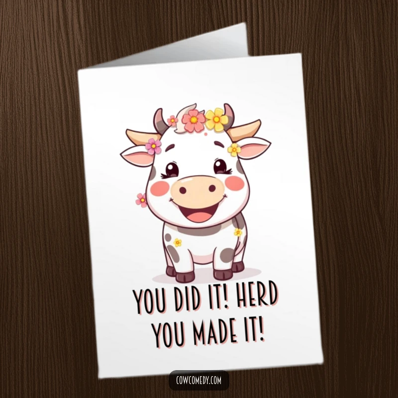 Funny Free Printable Congratulations Card: A happy cow with a wide smile and flowers celebrating your success.