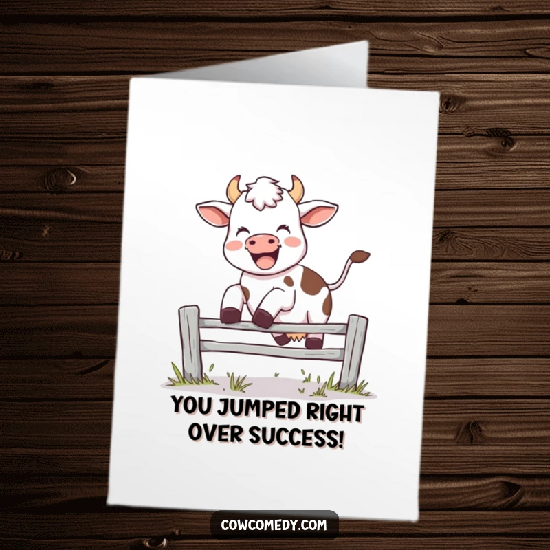 Funny Free Printable Congratulations Card: Happy cow soaring over a fence, shouting 'moo', celebrating success, ideal for DIY congratulations.