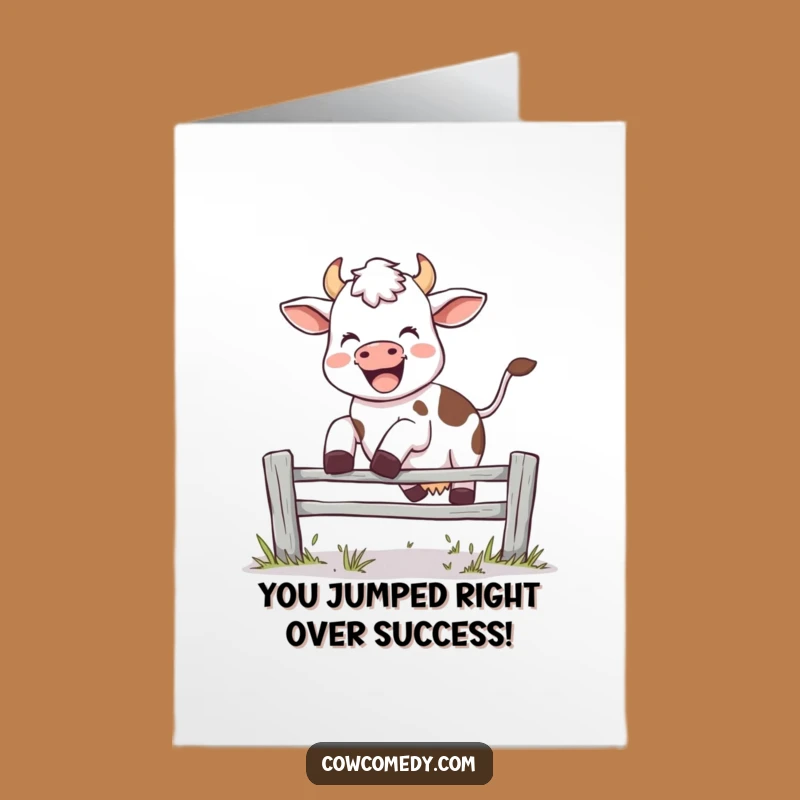 Free Printable Congrats Card: Joyful Cow's Winning Leap - Funny Downloadable Gift