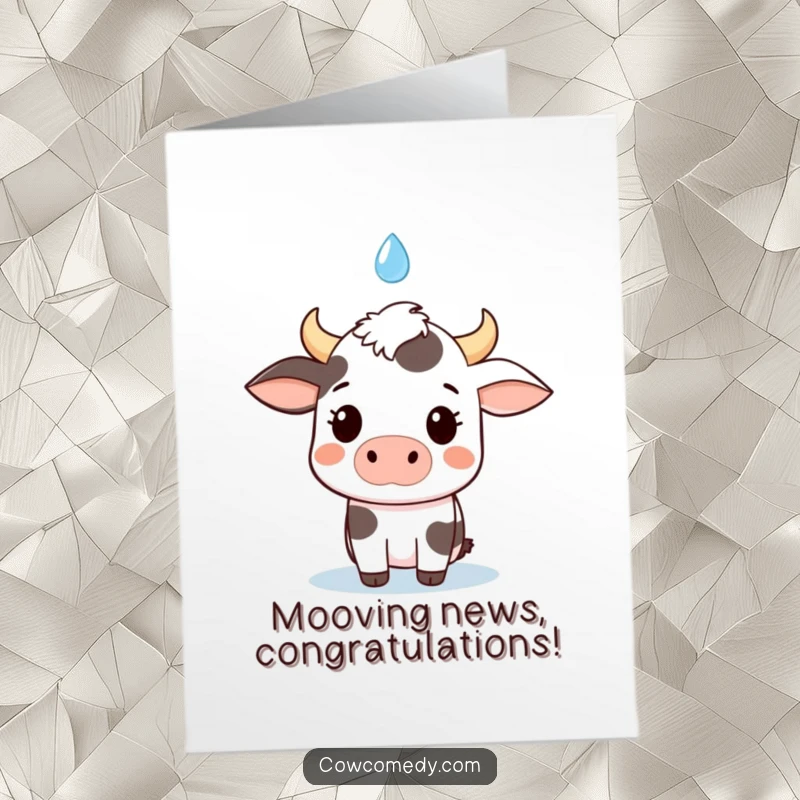 Funny Free Printable Congrats Card: Kawaii cow wide-eyed and startled by a sudden raindrop, expressing shock.