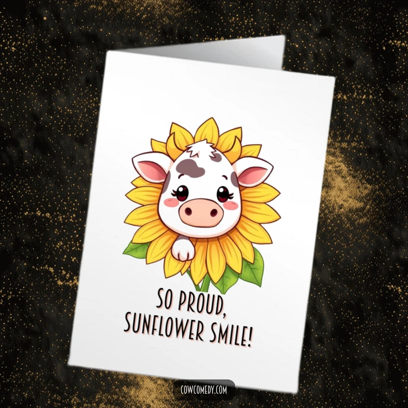 Funny Free Printable Congratulations Card: Kawaii cow peeking shyly from behind a large sunflower, sharing a bashful congratulatory smile.