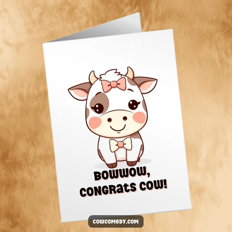 Funny Free Printable Congratulations Card: Kawaii cow beaming with a happy grin, wearing a comically large and silly bow.