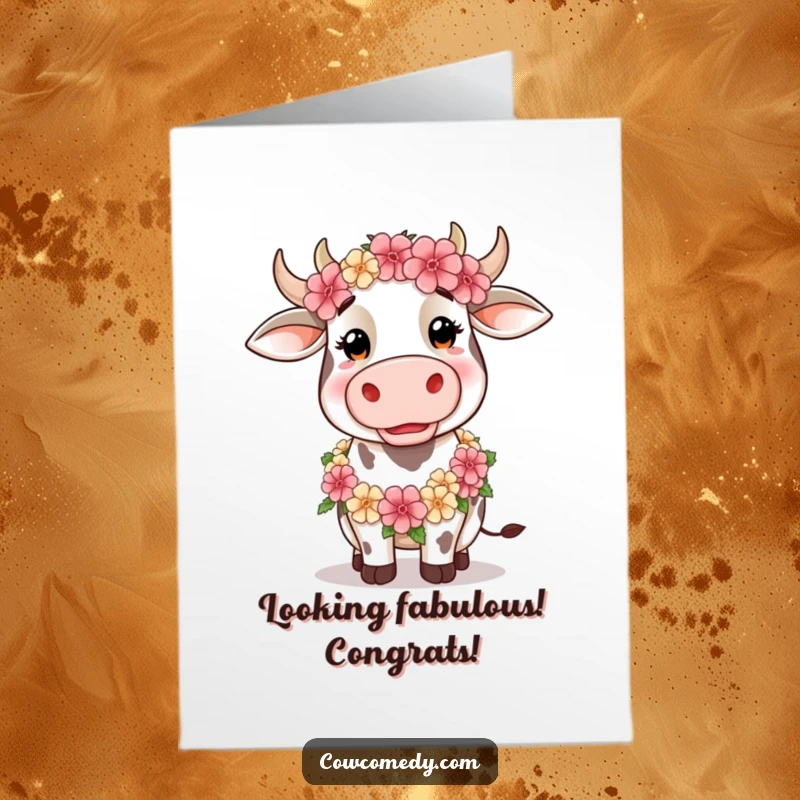 Funny Free Printable Congrats Card: Silly cow wearing a beautiful floral garland, looking festive, humorous downloadable greeting.