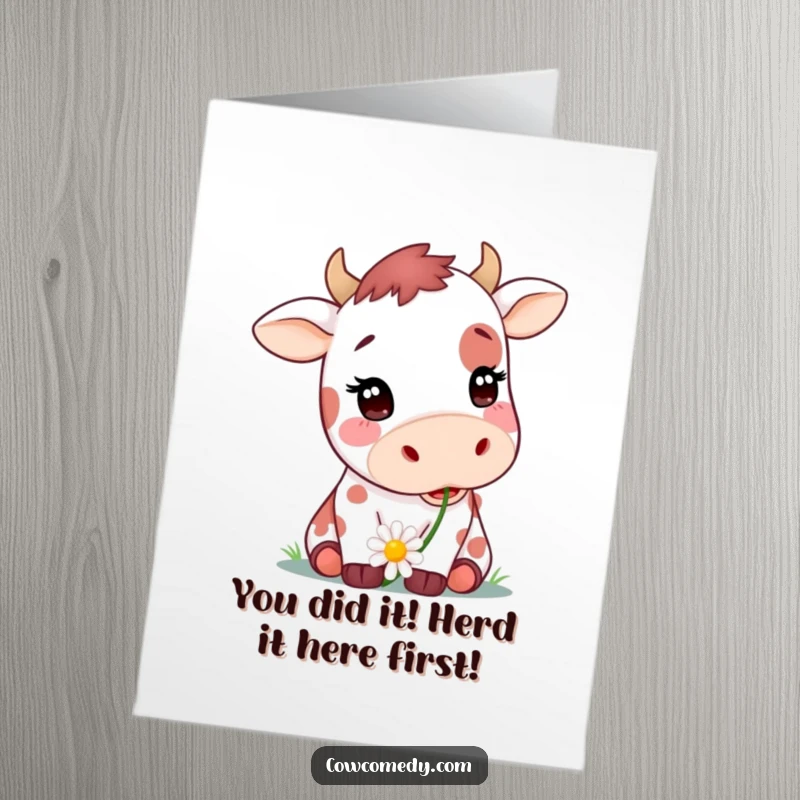 Funny Free Printable Congratulations Card: Spotted cow with a daisy in its mouth, celebrating an achievement, ideal for DIY congrats.