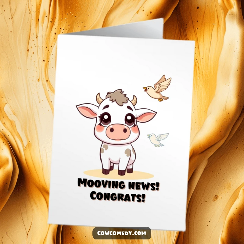 Free Printable Congratulations Card: A cow with wide, shocked eyes observing a bird gracefully flying overhead.
