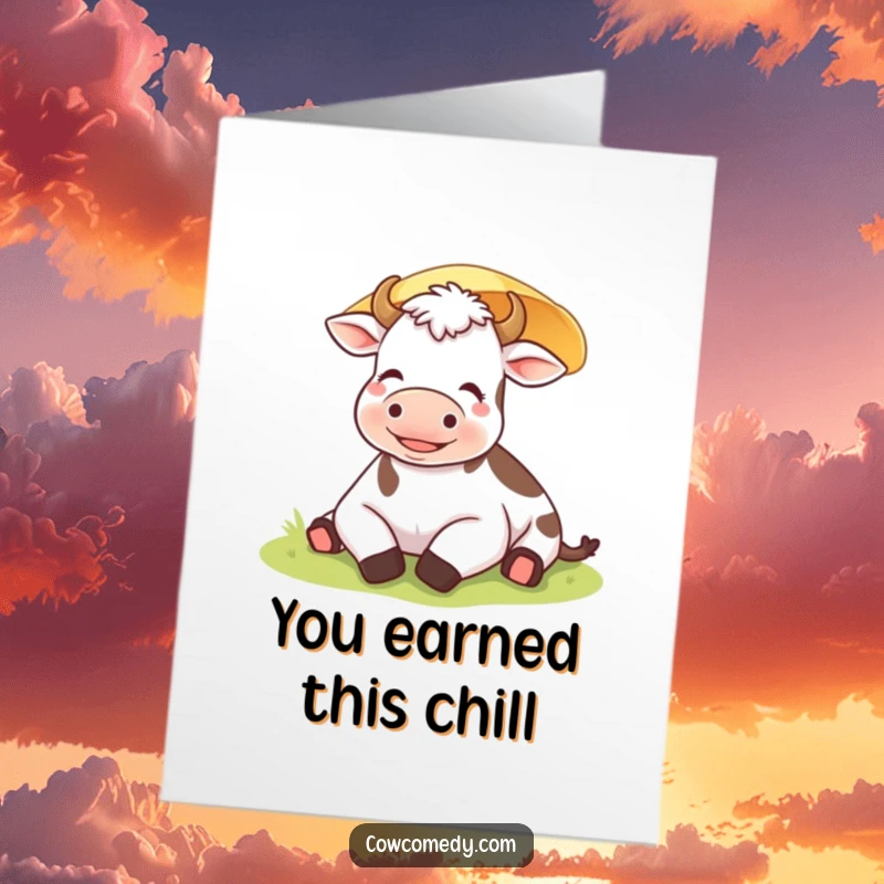 Funny Free Printable Congratulations Card: Content cow resting under a sunshade, celebrating success with a happy sigh.