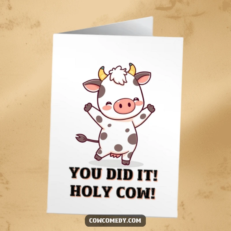 Funny Free Printable Congratulations card featuring a kawaii spotted cow performing a happy, gentle dance to celebrate achievements.