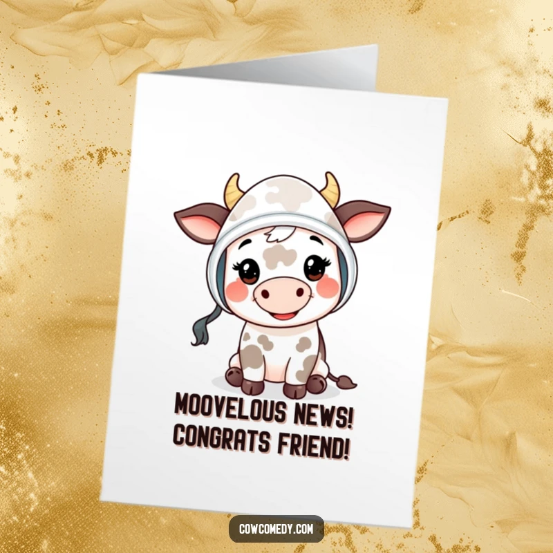 Funny Free Printable Congratulations card featuring a smiling cow kid in a bonnet, offering a friendly 'moo' of celebration.