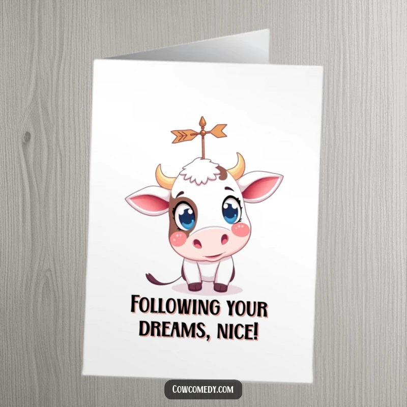 Funny Free Printable Congratulations Card: Cute kawaii cow with wide, curious eyes intently watching a spinning weather vane.